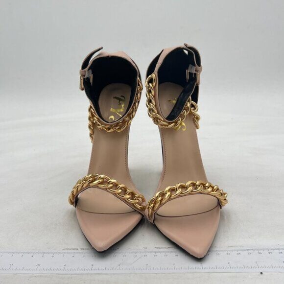 FYS Beige Sexy Golden Metal Chunky High Heel Chains Decor Open Toe Dressy Sandal - Picture 3 of 8